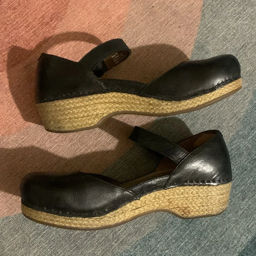Dansko Black Leather Mary Jane Platforms with Strap